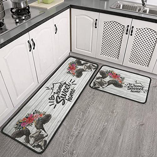 Farmhouse Cow Kitchen Rugs And Mats Set Of 2 Pieces,Home Sweet Home Kitchen Mat Non Slip Absorbent Mats For Sink Waterproof Runner Rug For Laundry Room 17"X30" + 17"X48" #TOP2