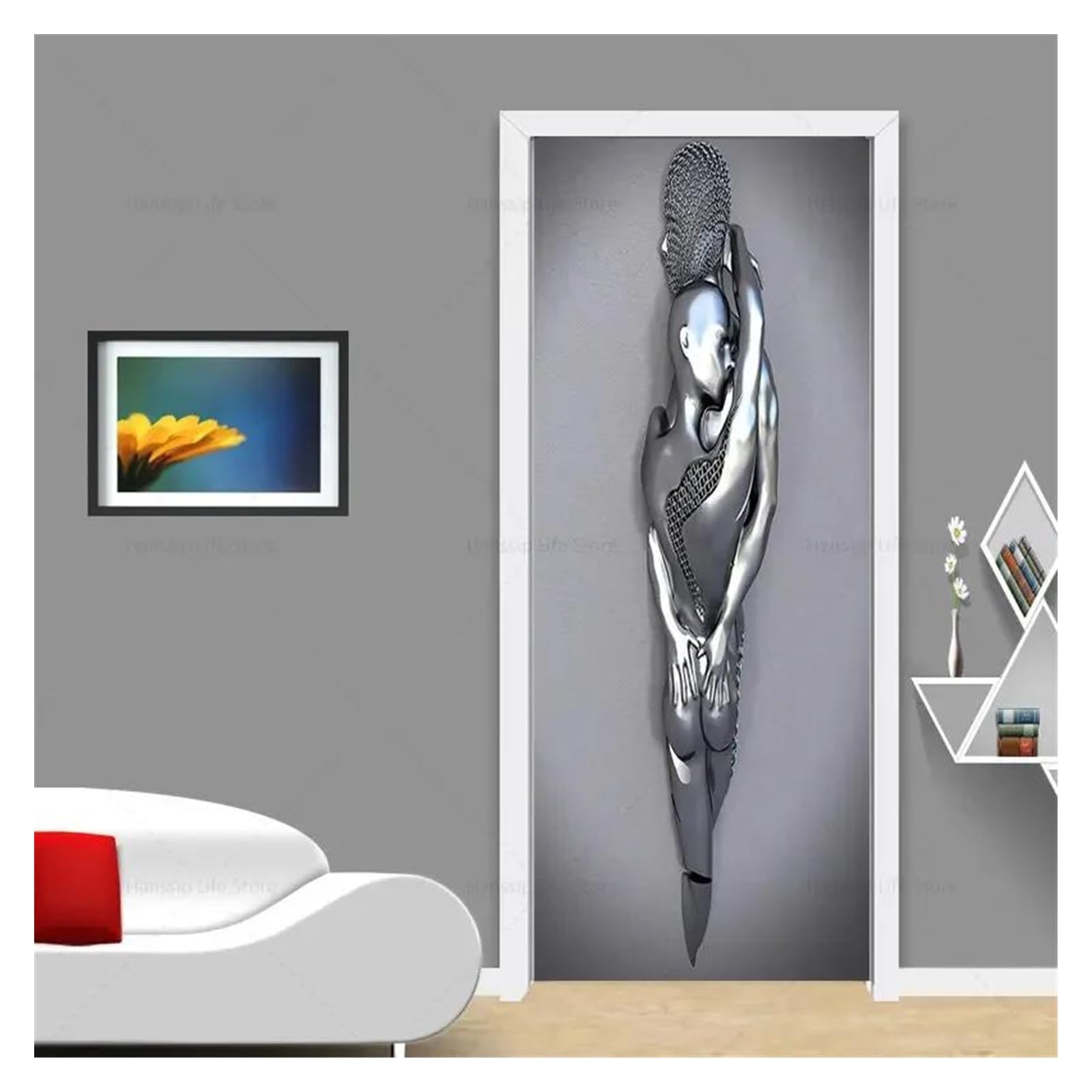 Sticker mural masquage porte abîmée effet sculpture métal abstrait 40x120
