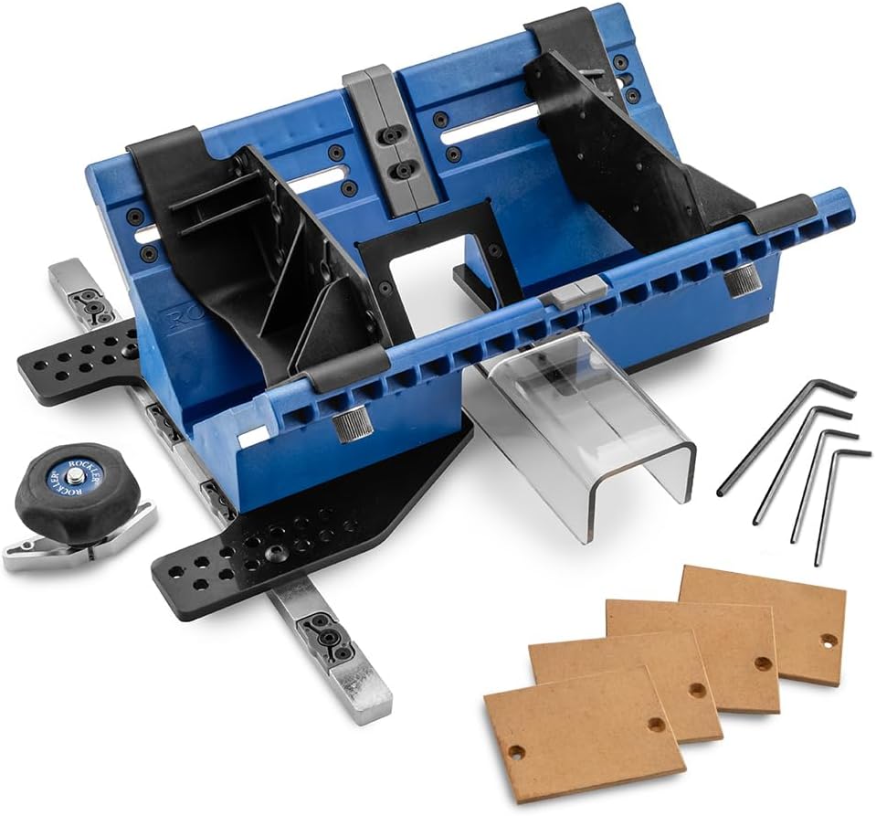 Rockler Deluxe Spline Jig for Table Saw & Router Table - Adjustable Box Joint Fixture with 45 Degree Miter Sled, Finger Joint & Picture Frame Jig for Decorative Woodworking Joinery.