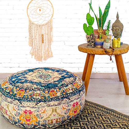 Mandala Life ART Bohémien Yoga Décor Housse de Pouf Ottoman - 60x20 cm - Taie d'oreiller Del Sol de Méditation Ronde - Décoratif Pouf Tapis en Coton imprimé Cover