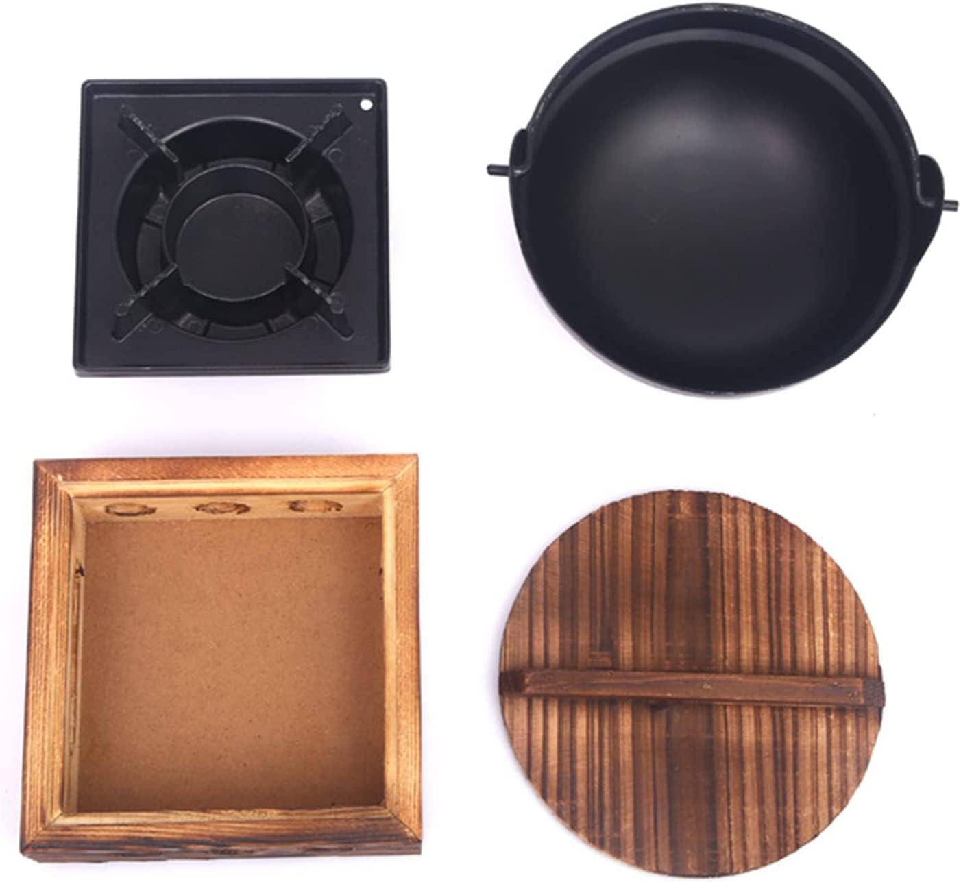 Non Stick Cast Iron Wok, Shouxi Iron Wok with Wooden Cover Tray, Noodle Soup Cooking Stove,22cm