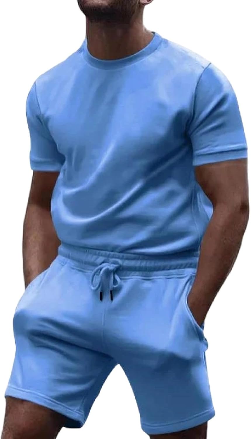 Men's Summer Solid Color Cotton T-Shirt And Shorts Set Crew Neck Casual Loose Fit Outfit