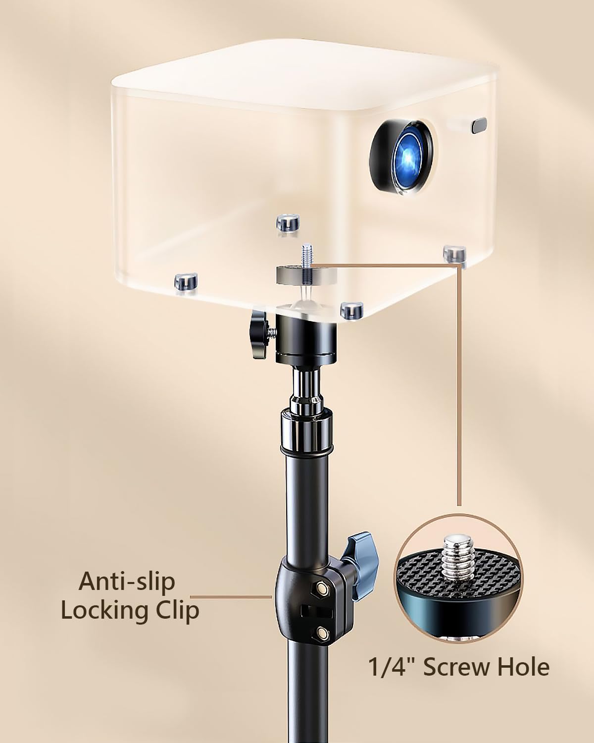Support pour Projecteur avec Trépied 32-60cm, Rotule Pivotante 360°, Filetage 1/4", Noir