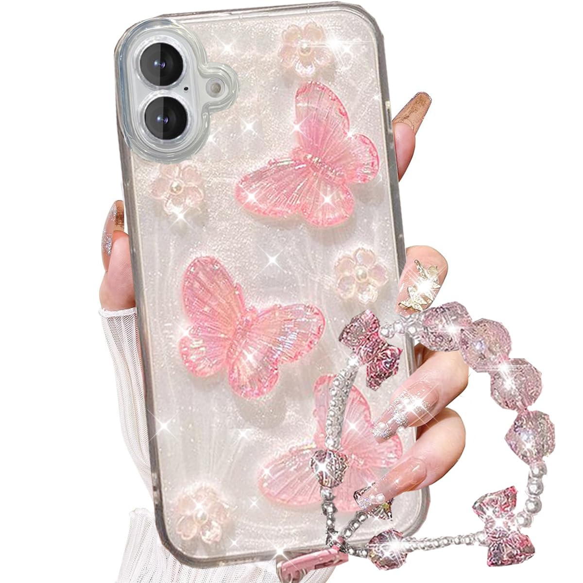 Changjia Funda protectora para iPhone con diseño de mariposa con purpurina en 3D, con perlas de cristal y correa para la muñeca, estética, suave, TPU, para mujeres y niñas (rosa)