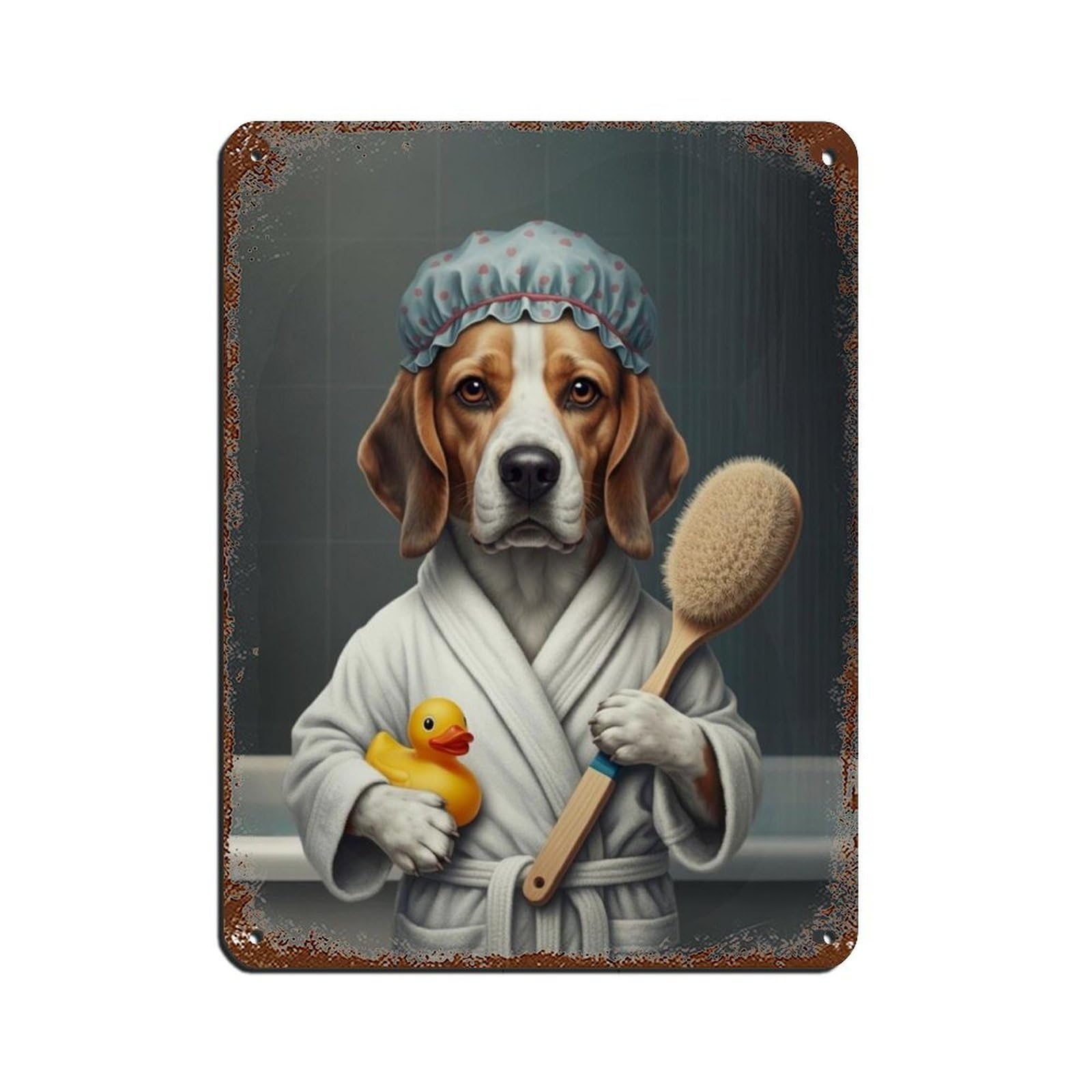 Dog with Rubber Duck Wearing Bathrobe Poster Tin Sign Vintage Metal Pub Club Cafe Bar Home Wall Art Decoration Poster Retro 12x16inch(30x40cm)