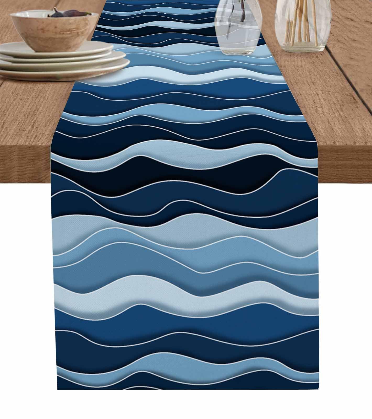 Abstract Blue Moire Table Runners 72 Inches Long, Cotton Linen Fabric Table Runner Dresser Scarf, Gradient Coastal Ocean Geometric Waves Tablerunner