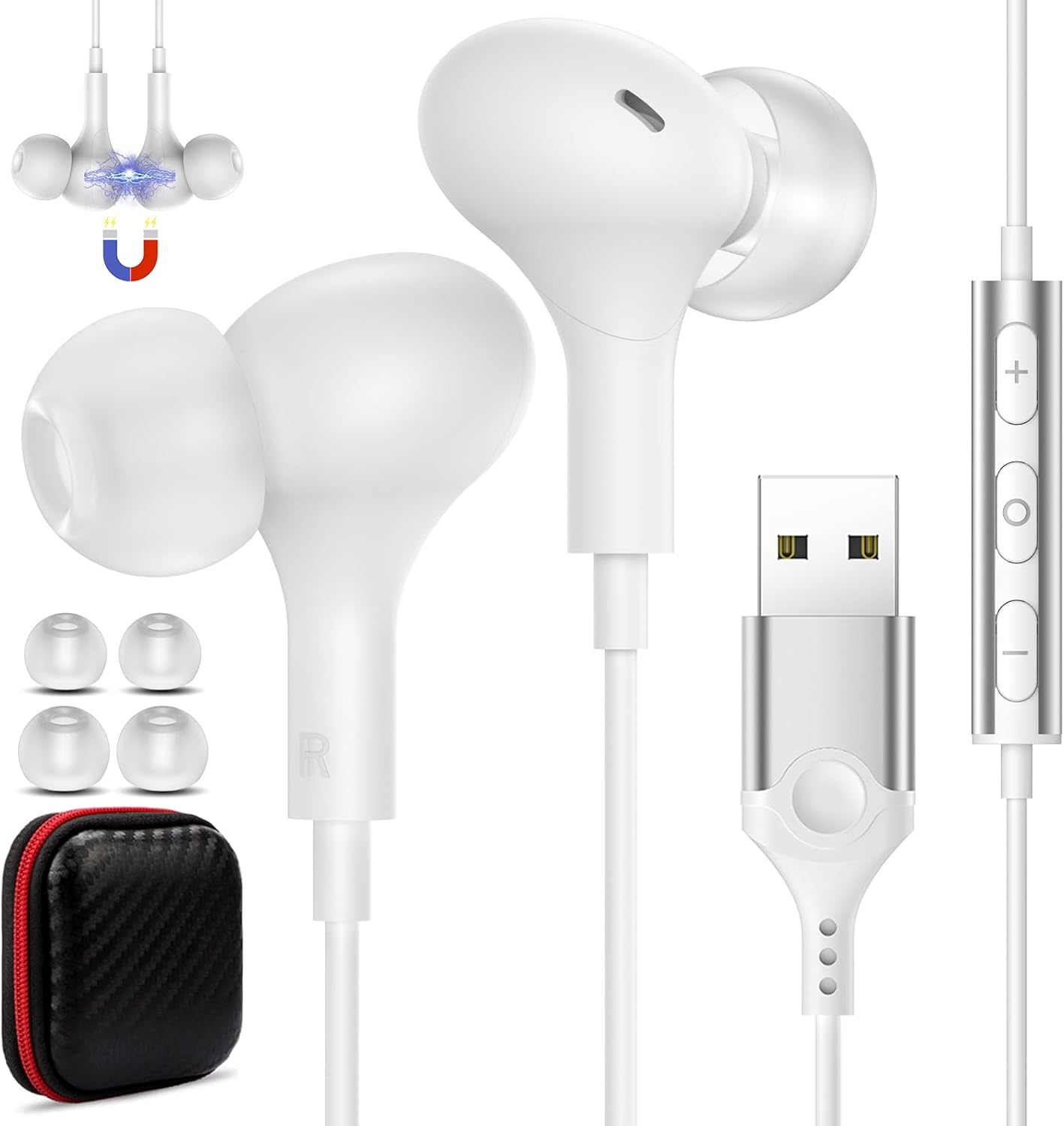 USB Headset with Microphone for PC Laptop,7.5Ft USB A Headphones Earbuds for Computer with in-Line Control Noise Cancelling Lightweight Wired Computer Headphones for Dell/HP Zoom School Class,White