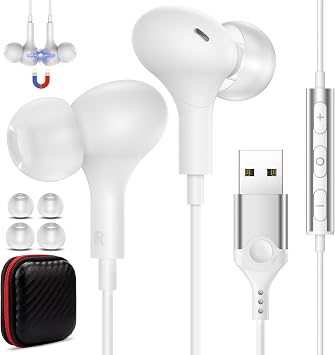 USB Headset with Microphone for PC Laptop,7.5ft USB A Earbuds Headphones Wired for Computer with in-Line Control Noise Cancelling Lightweight Computer Headphones for Dell/HP Zoom Office School,White