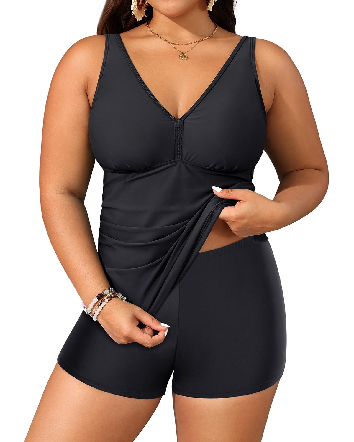 Women Plus Size Tankini Swimsuit V-Neck Two Piece Bathing Suit with Shorts High Waist Swimwear Black 20Plus-image-27