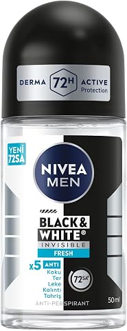 NIVEA MEN Erkek Roll On Deodorant Black&White Invisible Fresh 50 ml,72 Saat Anti-perspirant Terleme ve Ter Kokusuna Karşı Koruma,Giysilerde Leke Karşıtı,Erkeksi Koku,Etil Alkol İçermez (6 paketi)