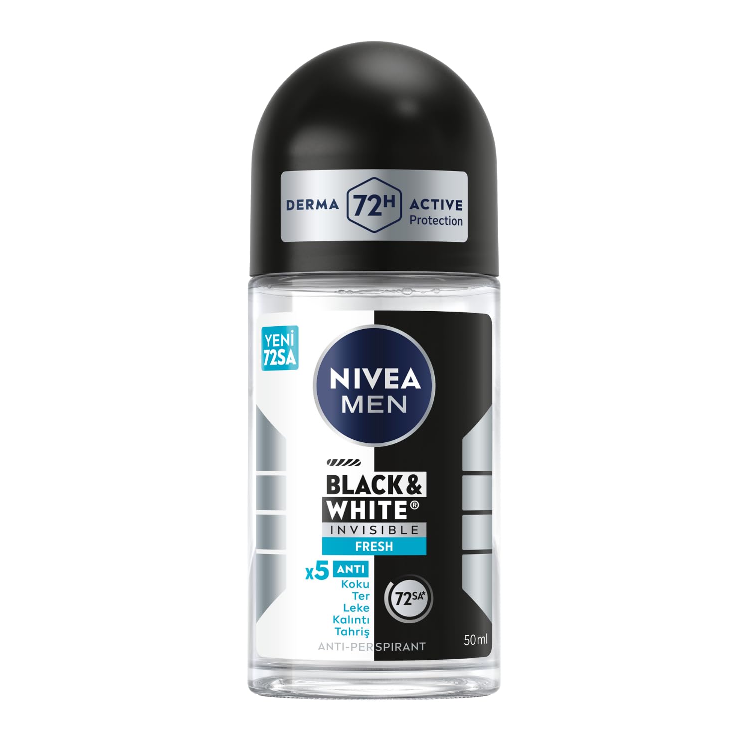 NIVEA MEN Erkek Roll On Deodorant Black&White Invisible Fresh 50 ml,72 Saat Anti-perspirant Terleme ve Ter Kokusuna Karşı Koruma,Giysilerde Leke Karşıtı,Erkeksi Koku,Etil Alkol İçermez (6 paketi)