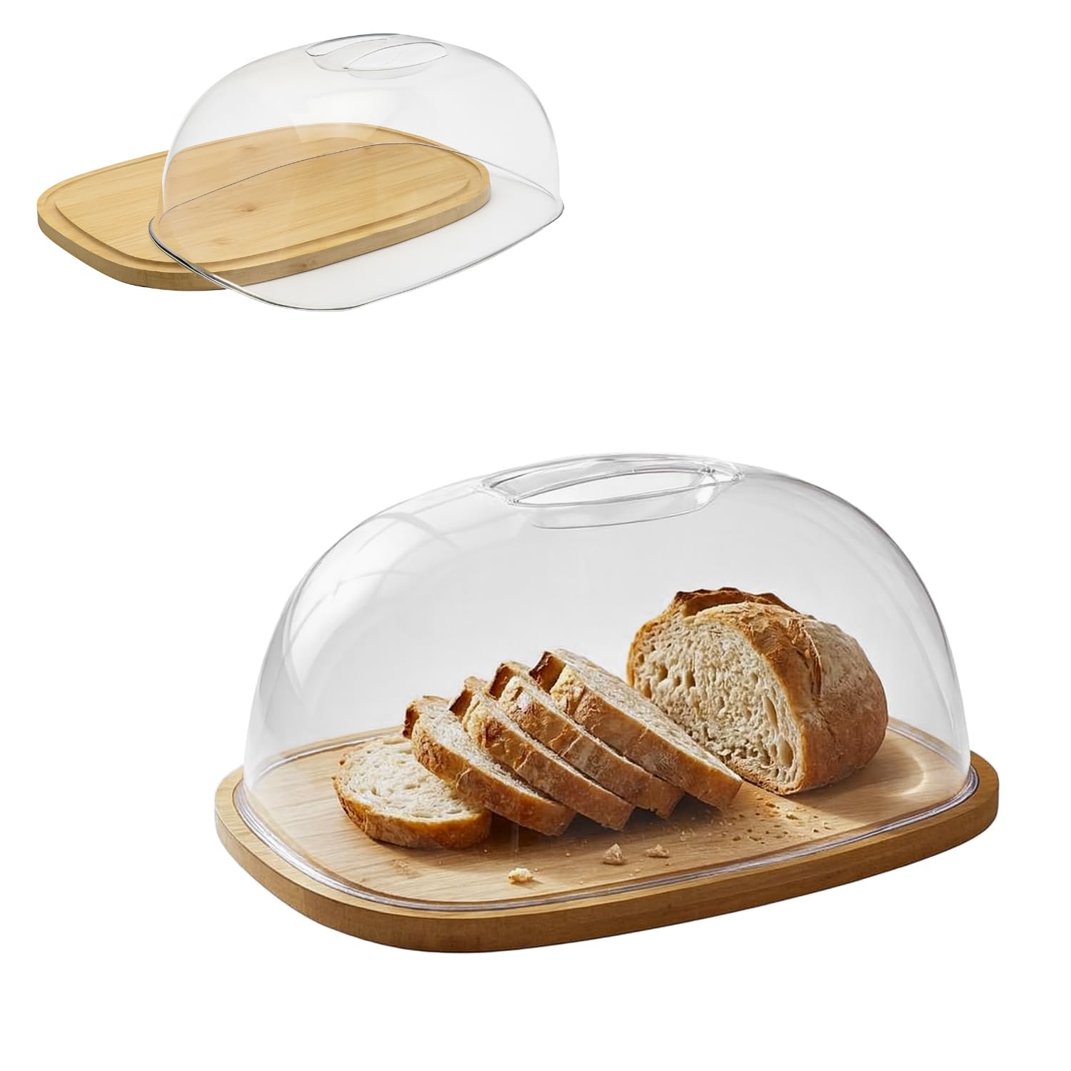 OCEANO Portapane Portaformaggi in Bambù con Coperchio a Cupola Trasparente Tagliere in Legno Naturale con Campana Salvafreschezza per Alimenti, Dolci e Affettati Design Moderno ed Elegante