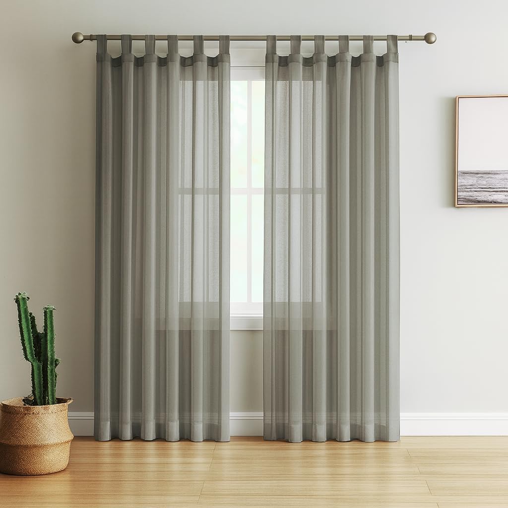 Megachest Tab top stripe voile sheer curtain with tie backs(Dark Silver,W 56" x L 63" (2 Panels))