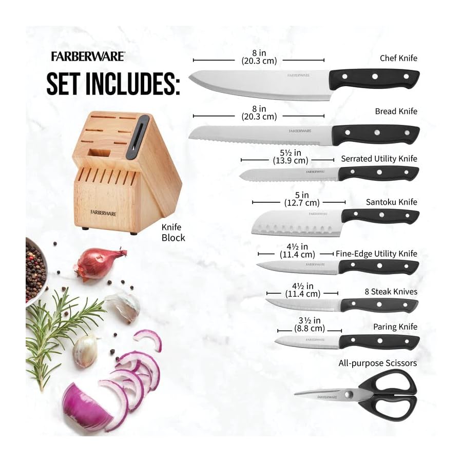 Farberware Edgekeeper Triple Rivet Block Set with Built in Knife Sharpener, 16-Piece, Black