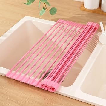 BeyondNice Roll Up Dish Drying Rack, Sink Drying Rack Over Sink Dish Drying Rack Stainless Steel Foldable Drain Rack for Kitchen Sink Counter Utensils Vegetables and Fruits (Large,Pink)