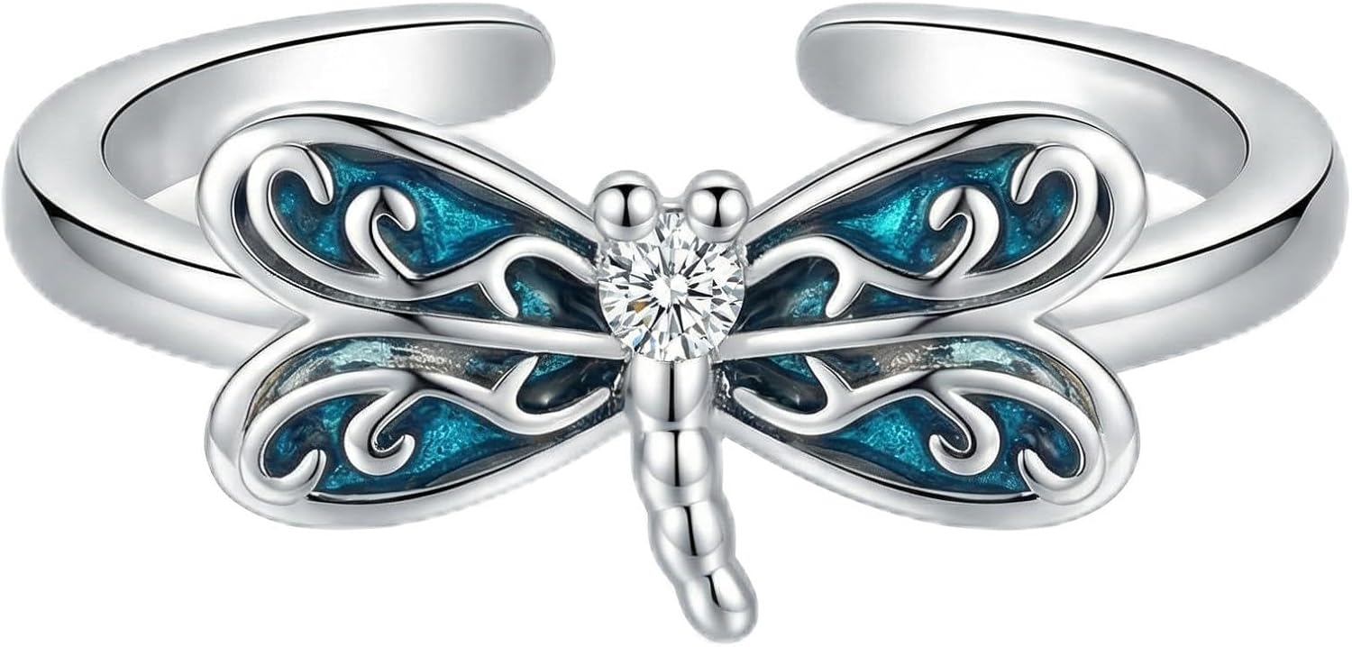 Sterling Silver Dragonfly Ring with Blue Enamel, Adjustable Open Band, Cubic Zirconia Accent, 19mm Width, 2.54g