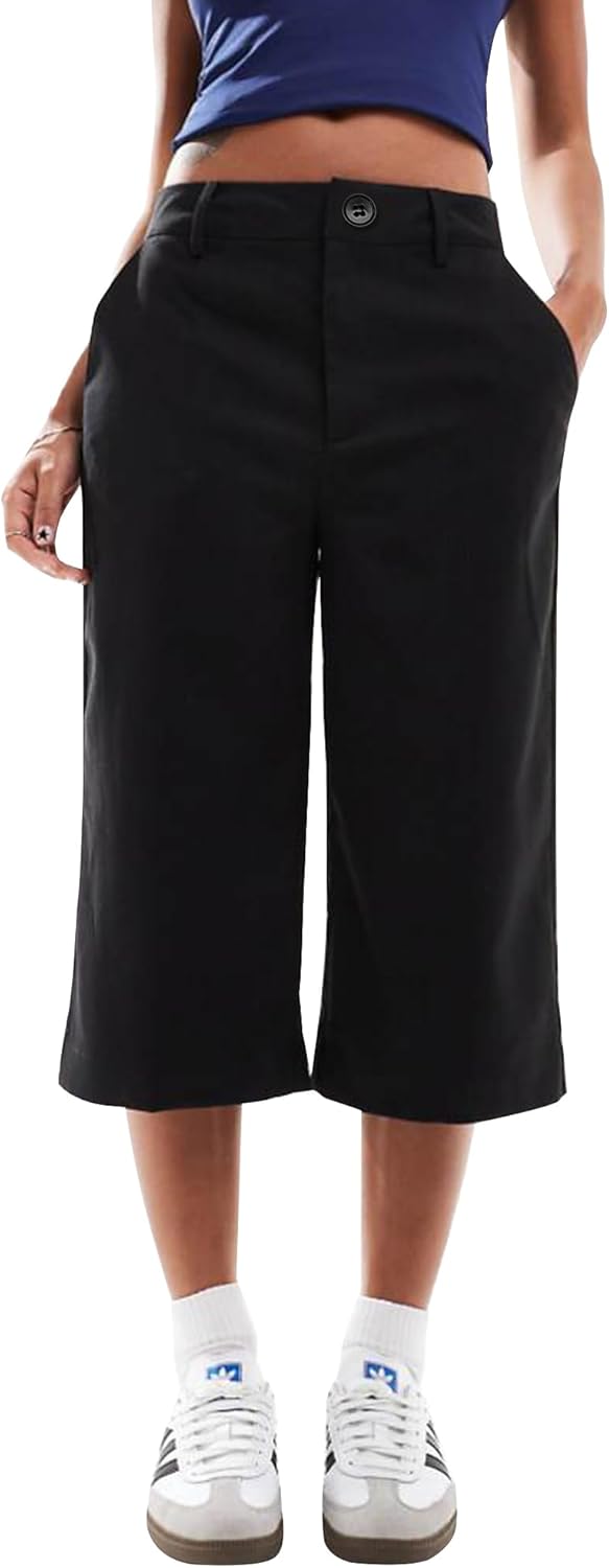 SUNNOW Women's Low Rise Capri Pants Black Casual Summer Pants with Side Pockets