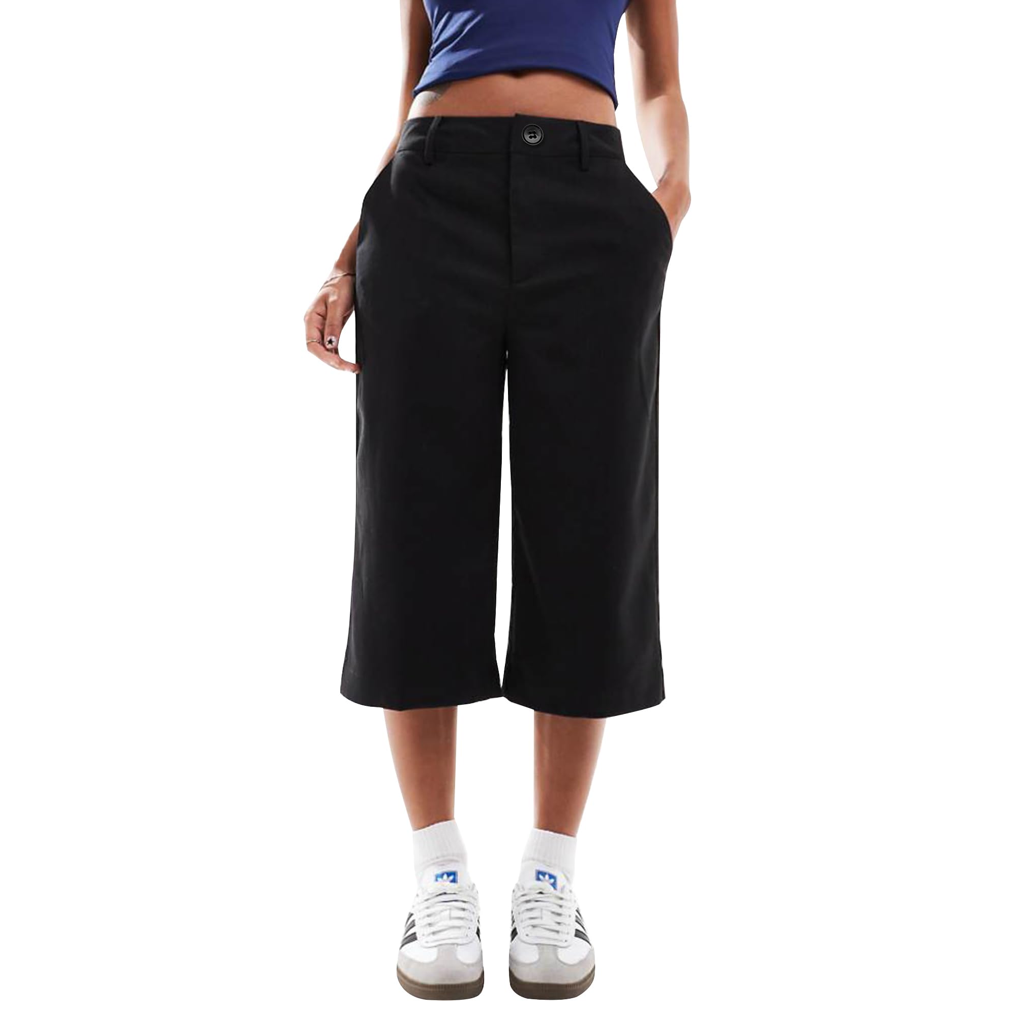 SUNNOW Womens Low Rise Capri Pants Black Casual Summer Pants with Side Pockets