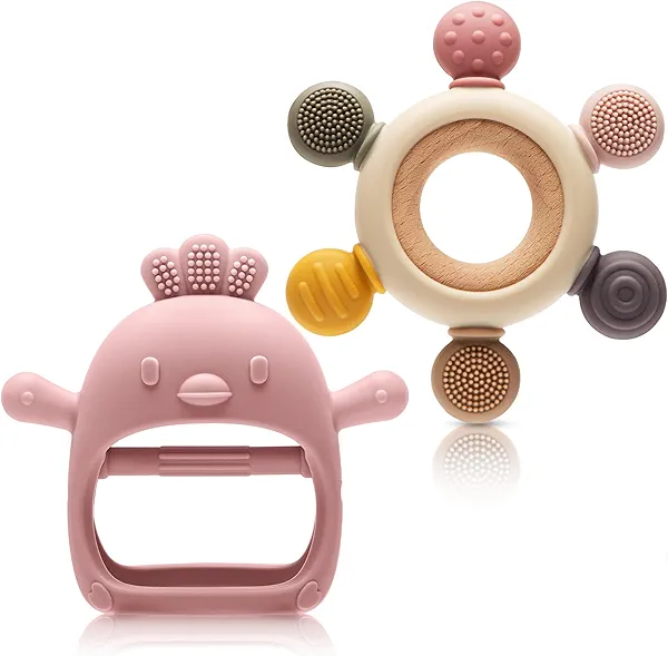 CAHILON 2 Packs Baby Teething Toy for 0-6 6-12 Months, Food Grade Silicone Teething Mitten and Silicone Rudder with Wooden Ring, BPA-Free, Baby Chew Toys for Sucking Needs
