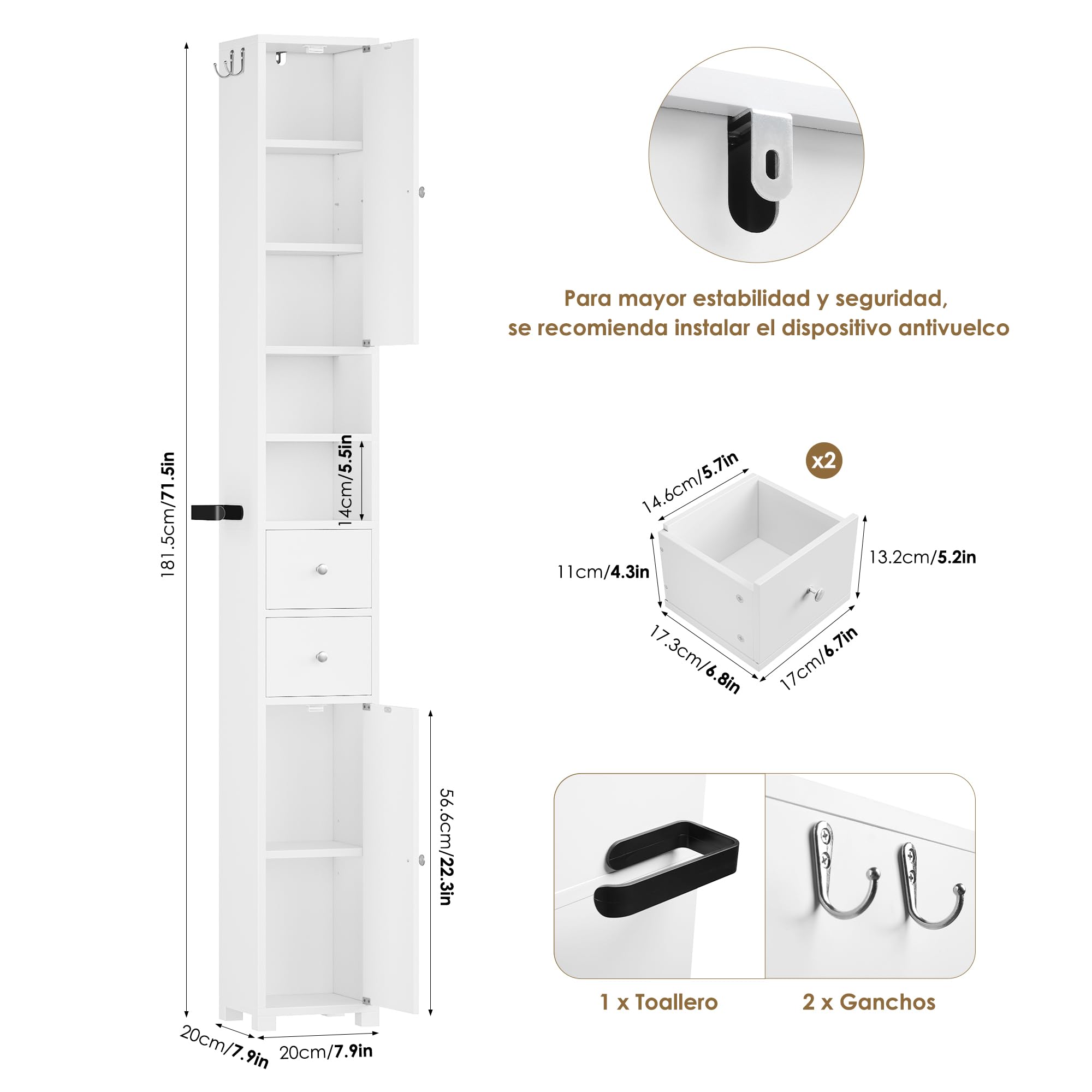 FOREHILL 181.5cm Armario Alto de Baño Armario Baño Columna Mueble Baño Estrecho, con 2 Puertas, 2 Cajones, 2 Compartimentos Abiertos, Estantes Ajustables para Espacios Pequeños Blanco, 20x20x181.5 cm