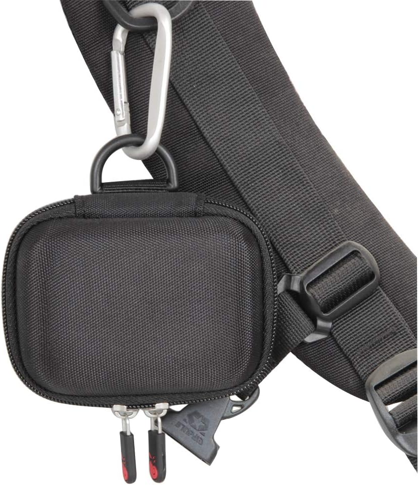 Hermitshell Hard EVA Travel Case attached to a strap with a carabiner