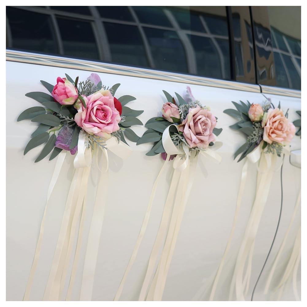 Hochzeit Autoschleifen Künstliche Blume Autoschmuck Rückspiegel Türgriff Rose-Blume-Schleife Dekoration Hochzeit Stuhl Deko Hochzeitsauto Schmuck für Hochzeitsschmuck Party Creme-Pulver 6 Stück