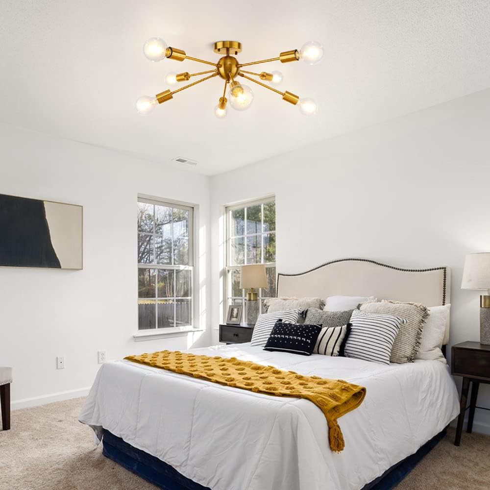 LynPon Gold Ceiling Light Fixture, 8 Lights Plating Golden Sputnik Semi Flush Mount Ceiling Lights, Brass Chandelier Kitchen Mid Century Lighting Fixture for Living Dining Room Bedroom Hallway