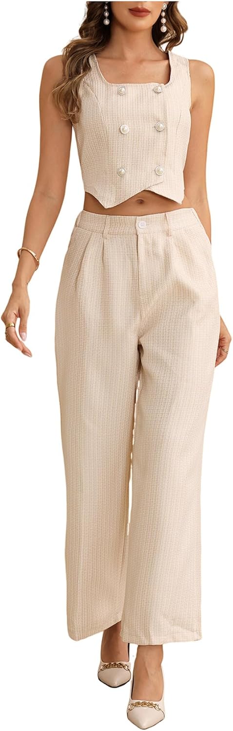Women's 2 Piece Work Office Outfit Plaid Double Breasted Cropped Blazer Vest and Pants Tweed Set