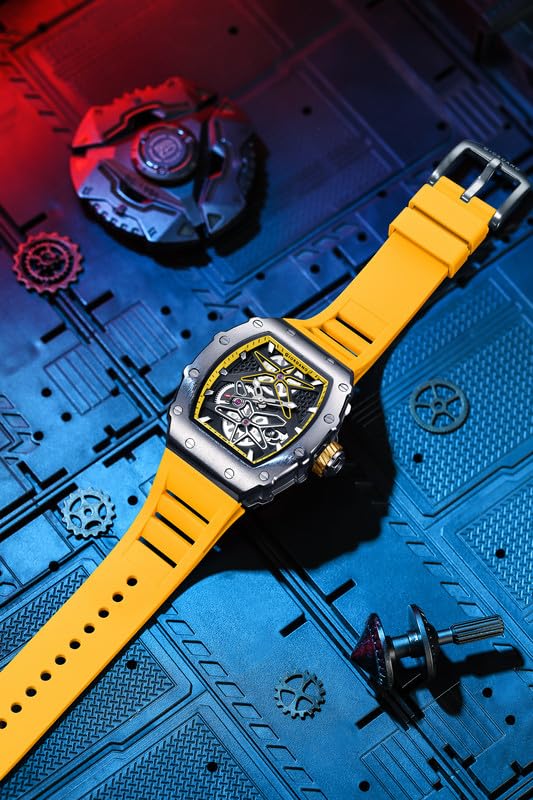 Image of Giordano Analog Skeleton Dial Watch for Men - Tonneau Case, Silicone Strap, Open-Gear Sport Design, Quartz Movement