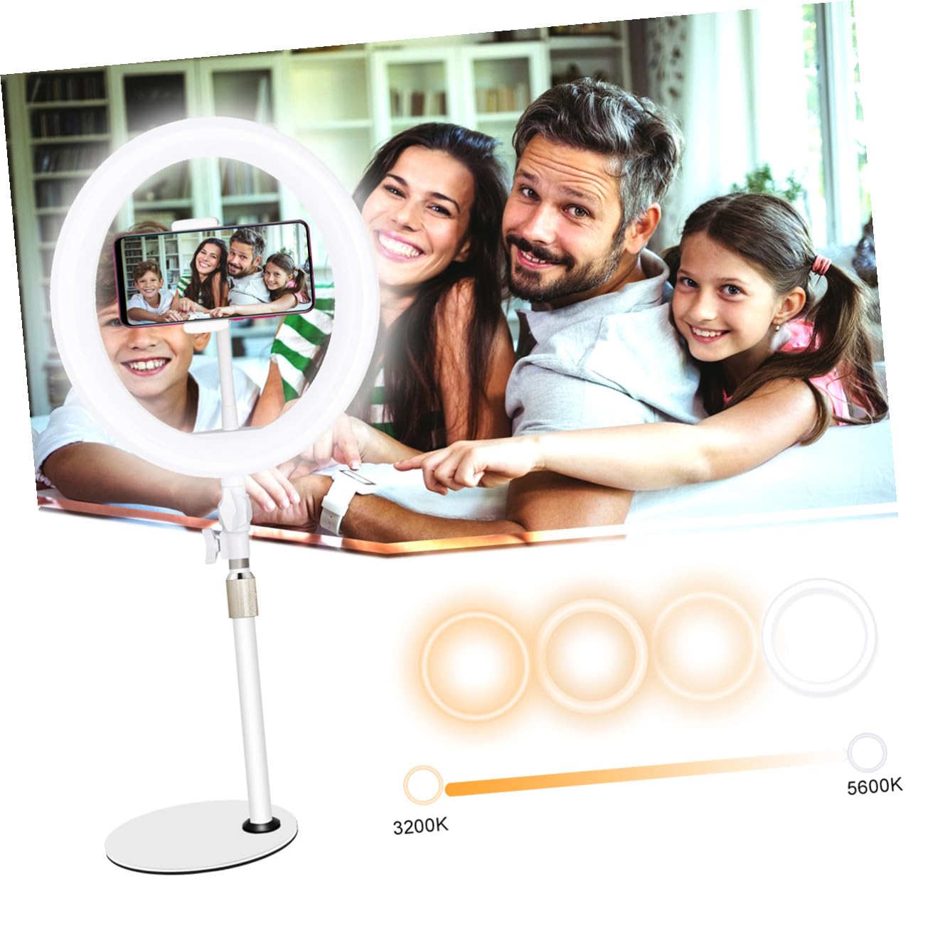 Hemobllo Luce Selfie LED Bianca per Telefono Supporto Regolabile da 10 Pollici, Braccio Rotante in Ferro e Plastica, per Make-up e Video, Cavo USB Risparmio Energetico
