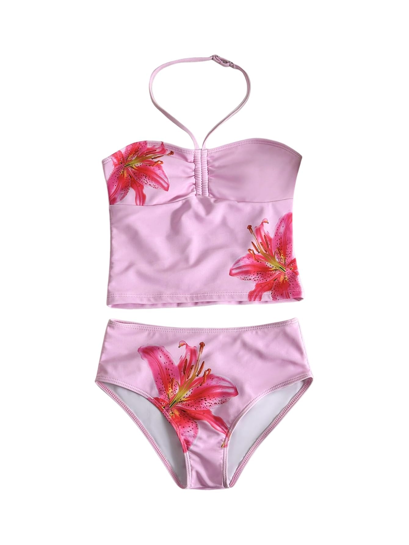 Photo 1 of RoseSeek Girl's 2 Piece Floral Tankini Sets Summer Swimsuits Halter Neck Sleeveless Tops and Panties Beachwear Pink 12Y