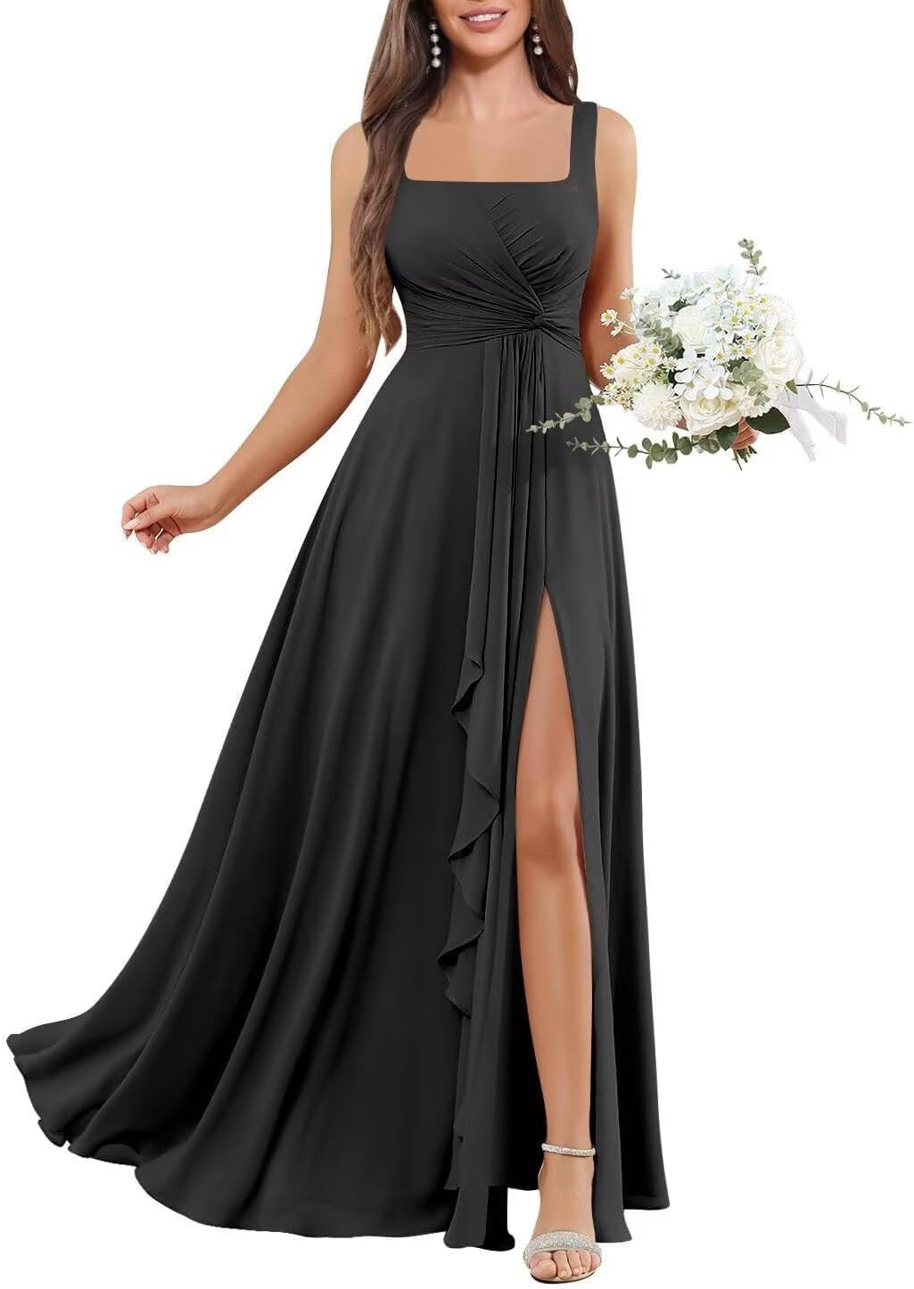 Chiffon Square Neck Bridesmaid Dresses Lace up Back Wedding Guest Dress Floor Length Formal Dresses for Women