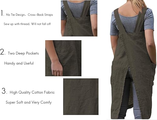Miniatura 3 de Delantal para hornear, cocinar, jardinería, con espalda cruzada, de algodonlino para mujer, con 2 bolsillos (personalizable)