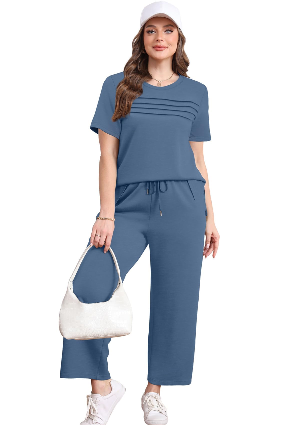 Desol Damen Trainingsanzug Jogginganzug Zweiteiler für Sommer - Kurzarm Oberteil mit Raffung und Weite 7/8 Hose mit Taschen - Loungewear für Reisen & Freizeit & Hausgebrauch