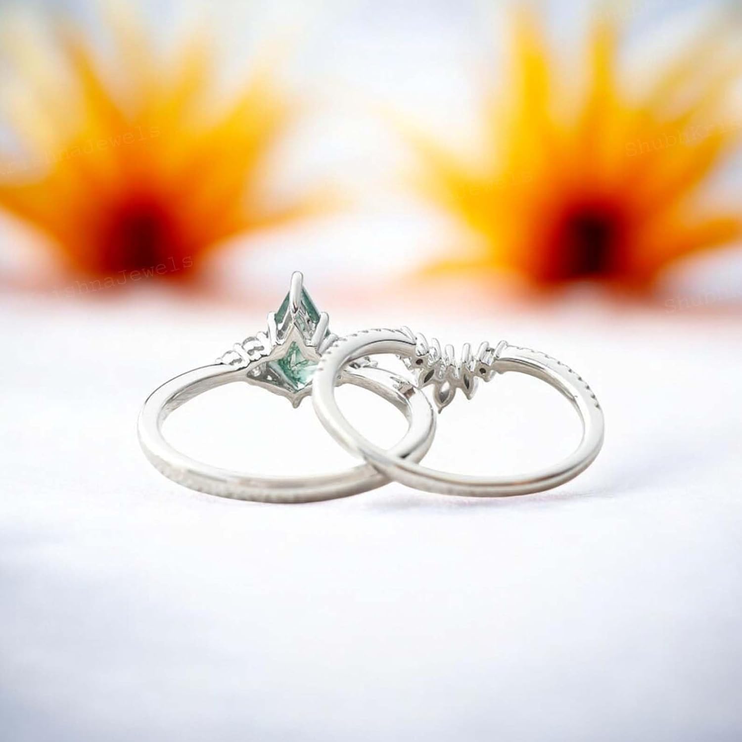 Kite Cut Moss Agate Wedding Ring Set Diamond Curved Matching Band Bridal Cluster Stacking Ring White Gold Handmade Jewelry Birthday Gift For Mom