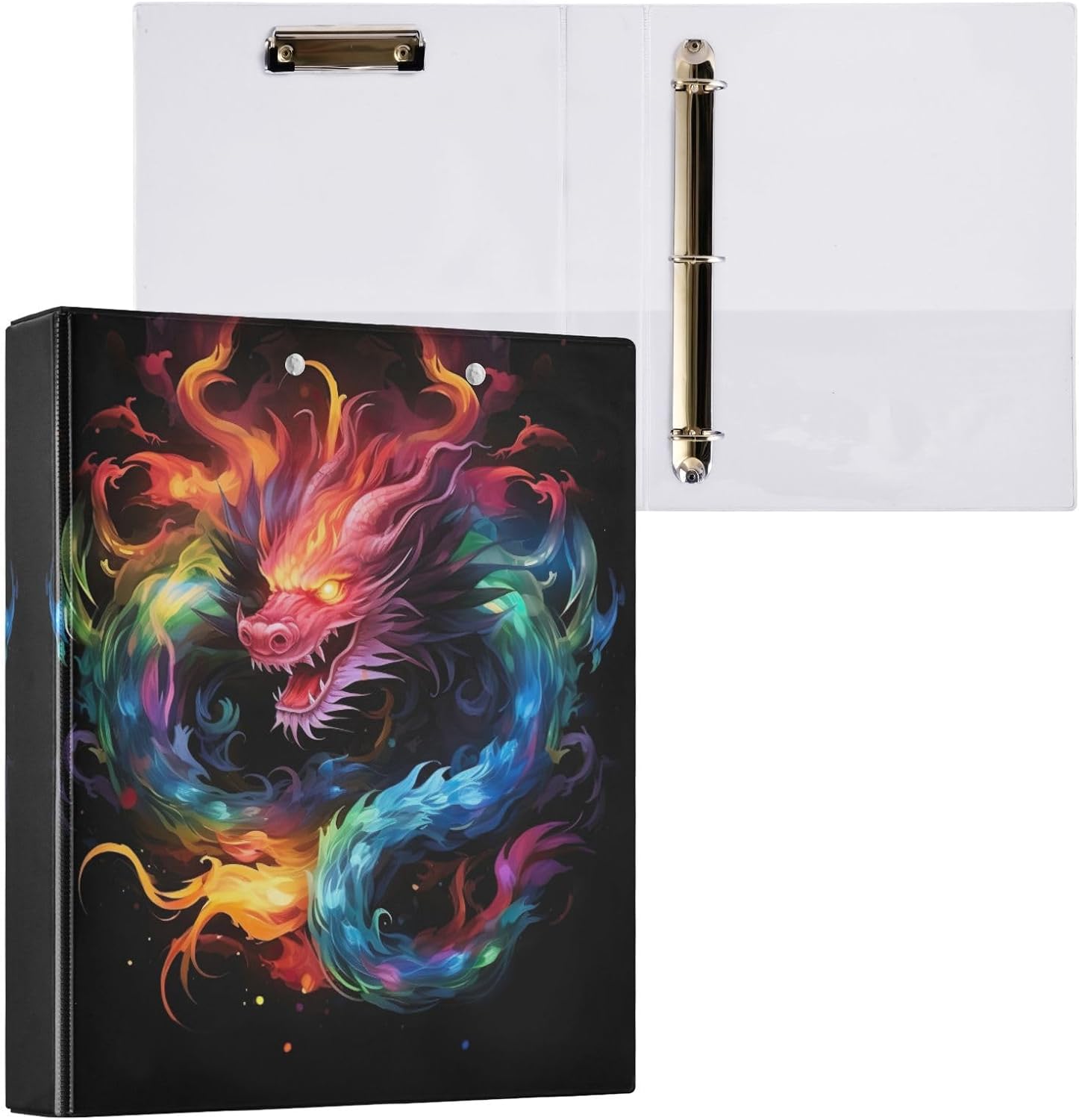3 Ring Binders Rainbow Flame Dragon Holds 200 Sheets– Waterproof, Durable, and Multi-Purpose Round Ring Binders with Clip and PVC Pocket 20847439