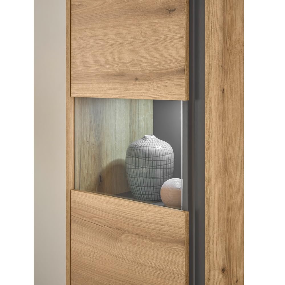 Lomadox Wohnwand in Eiche mit Anthrazit inkl. LED-Beleuchtung, mit Hängeschränken & Vitrine, 3-teilig modern