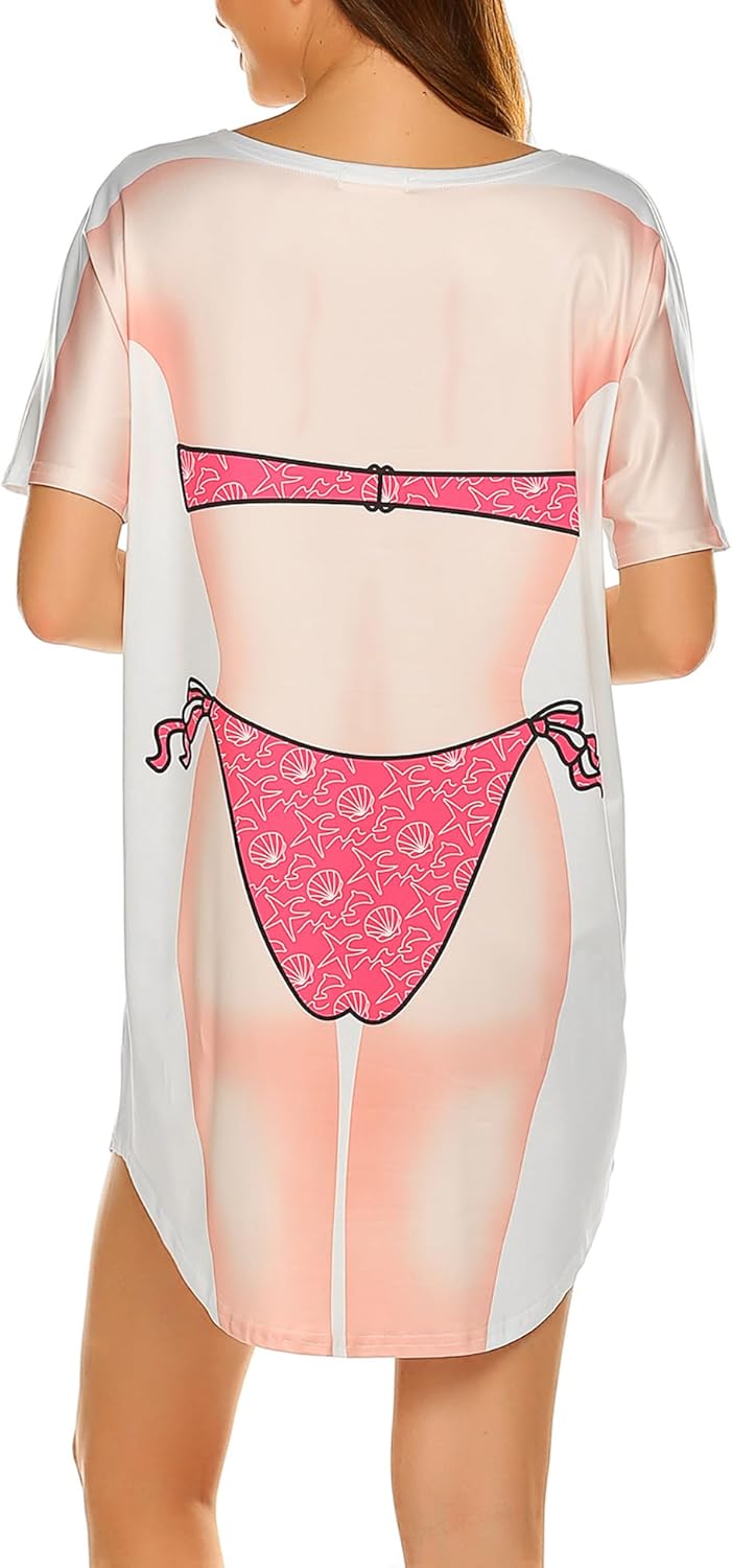 Ekouaer Women's Bikini Shirt Cover Up Short Sleeve Cute Bikini Print Cover-Up Baggy T Shirt Dress Fun Wear - Image 5