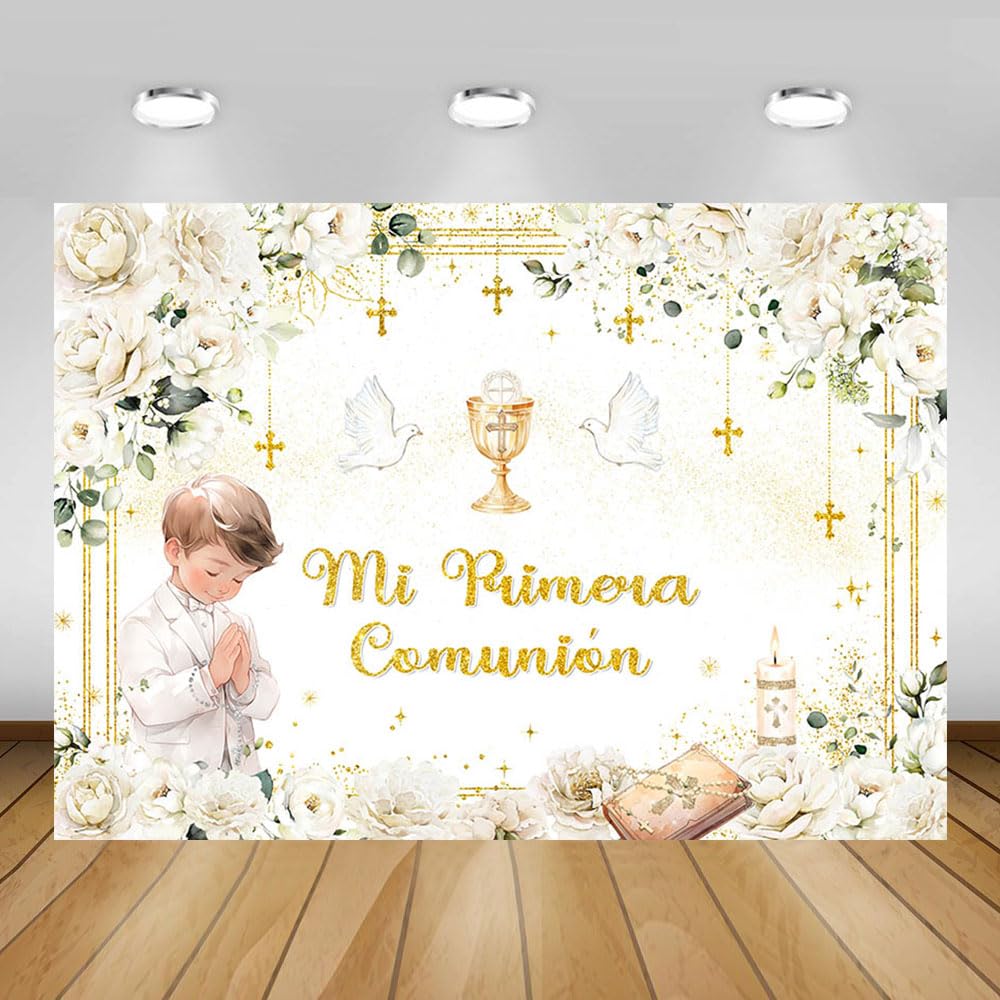 MEHOFOND Mi Primera Comunion Backdrop for Boy Baptism Christening Party Decor First Holy Communion God Bless Mi Bautizo Banner Chalice White Flower