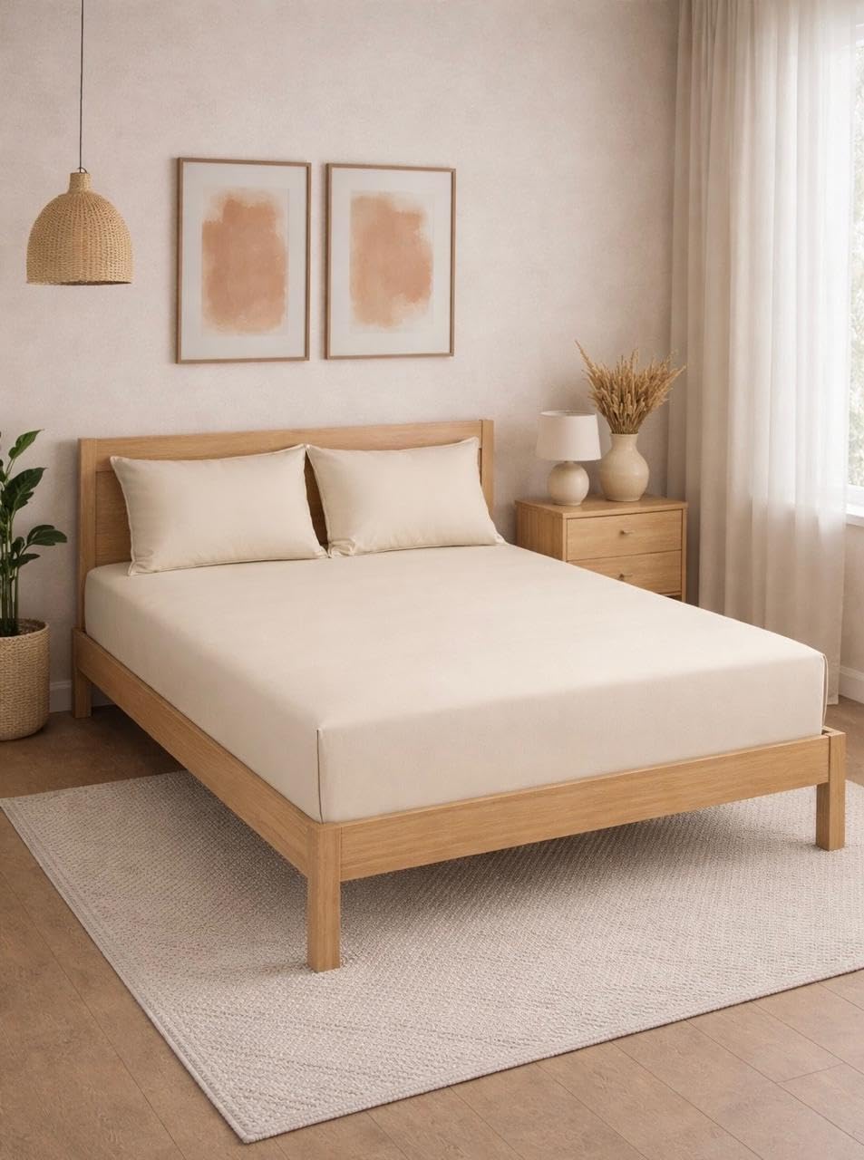 THE HOME STYLE Solid Plain Cotton Feel Fitted Bedsheet (72x78 inches) with Reversible Comforter (90x100 inches) | King Size | 2 Pillow Covers | 300 TC | 4-Piece Bedding Set (Cream)