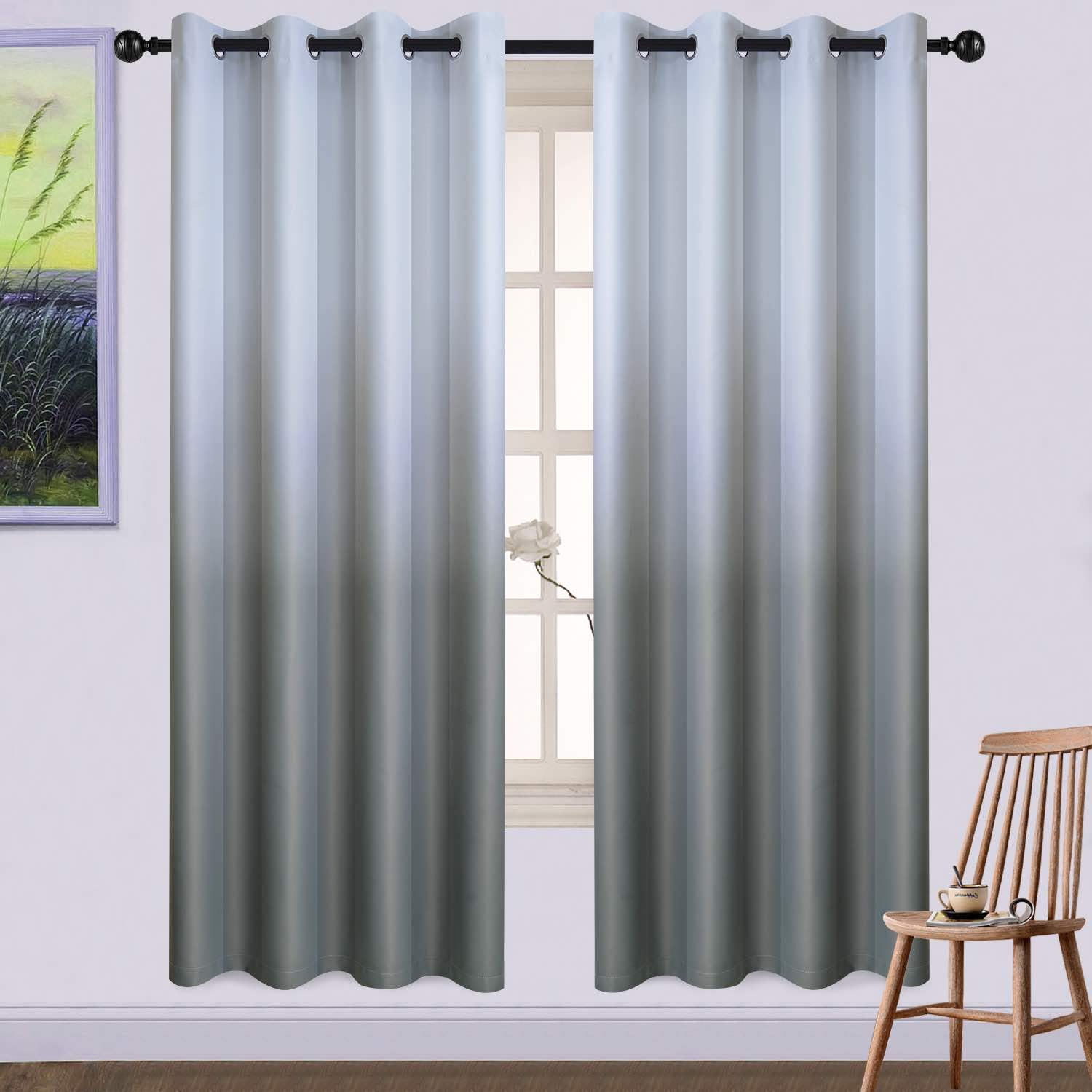 Yakamok Room Darkening Ombre Curtains, Thermal Insulated Grommet Grey Gradient Color Blackout Curtains, Light Blocking Window Drapes for Bedroom (Gray and Greyish White, 52x72 Inch, Set of 2)