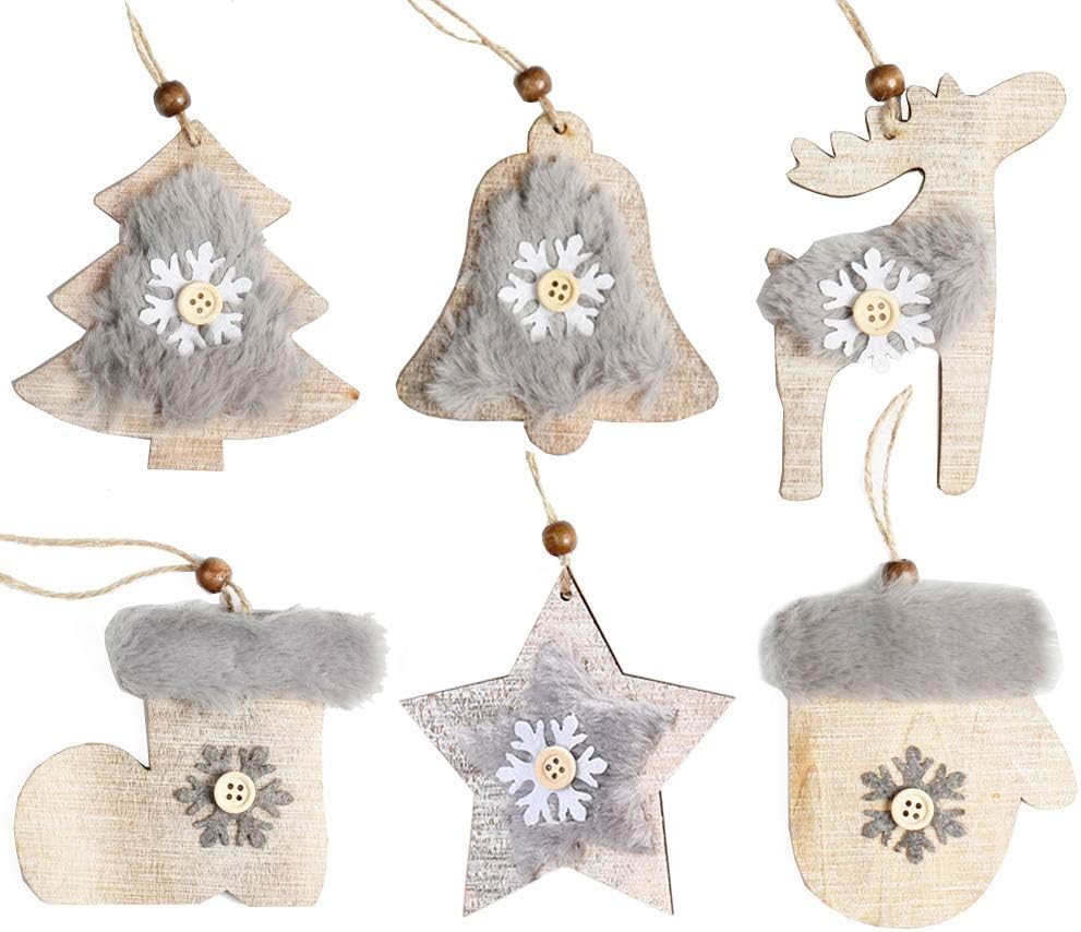 tyoungg White Christmas Ornaments Rustic Wood Christmas Tree Ornaments Hangings Home Arch Tableware Decoration Indoor Outdoor Christmas Ornament Tree Hangs (Wood and Fur 6 pcs Ornaments)