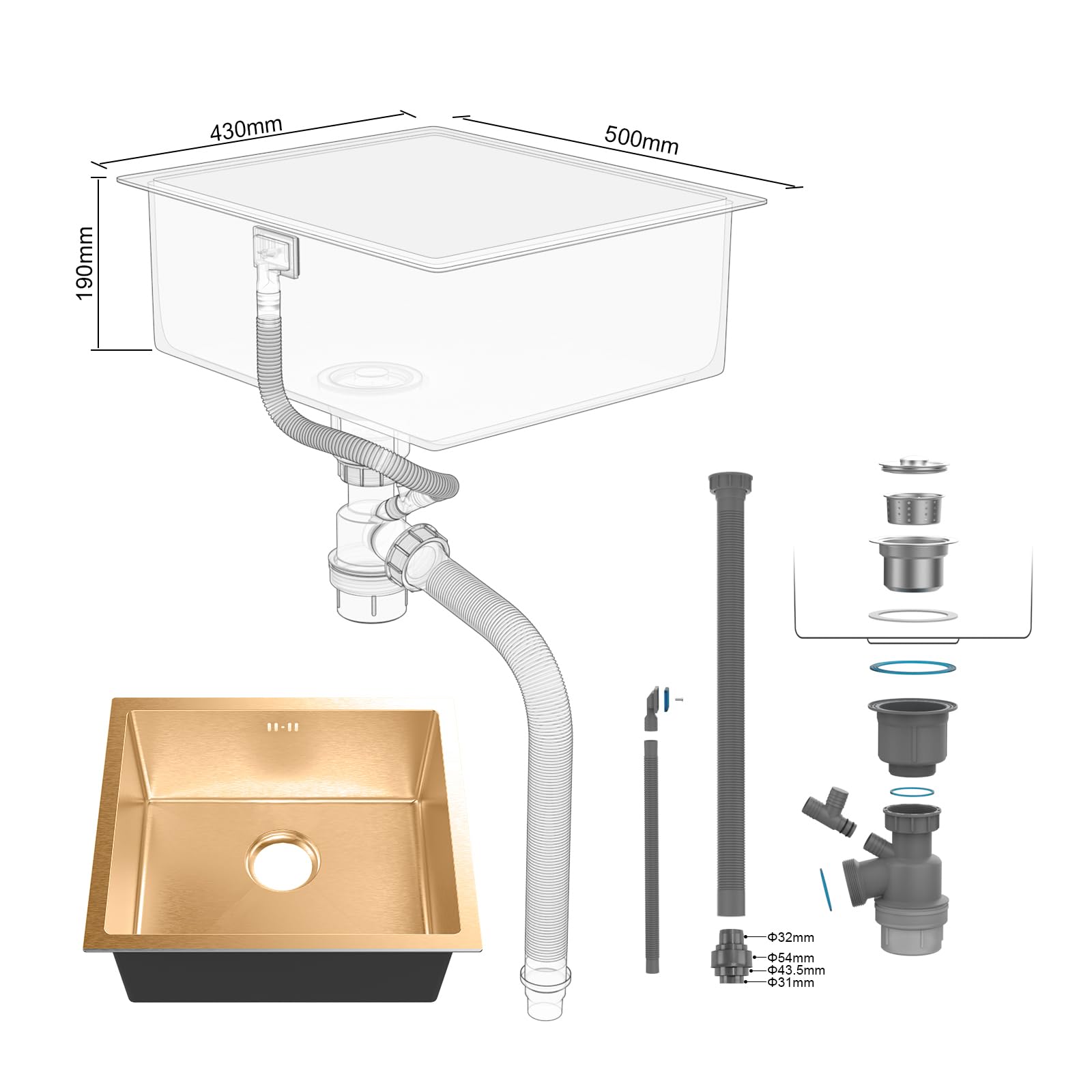 Ibergrif M85043G Évier de Cuisine 1 Bac en Acier Inoxydable 50x43 cm, Montage Encastré ou Supérieur, Avec Filtre de Vidange, Or
