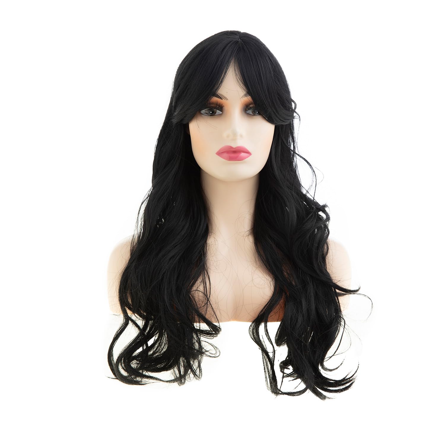 Sallcks Womens Long Black Layered Wavy Wig Natural Looking Black Wigs for Daily Party