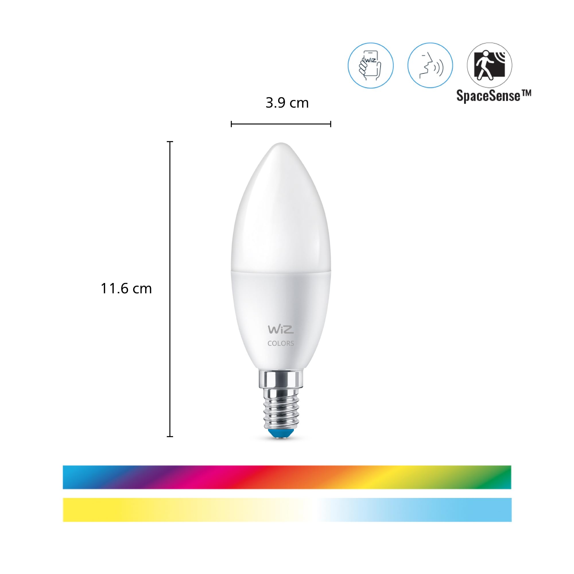 WiZ Lampadina Smart WiFi, Luce Bianca o Colorata Dimmerabile, E14, 40 W, Tecnologia SpaceSense, Controllo Vocale (Alexa, Apple HomeKit, Google Home) (Confezione da 2)