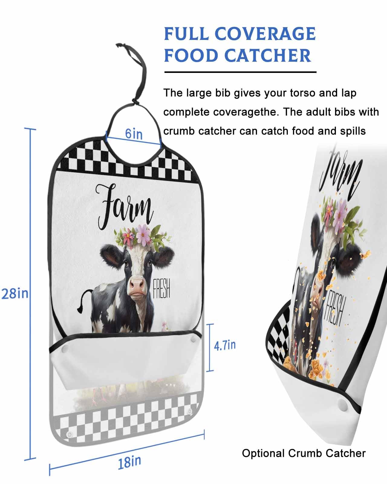 LEOKOTI Farm Cow Adult Bibs for Eating, Waterproof Bibs with Food Catcher & Adjustable Snap Closure, Black and White Plaid Spring Floral Washable Clothing Protectors Adult Bibs for Elderly Women/Men