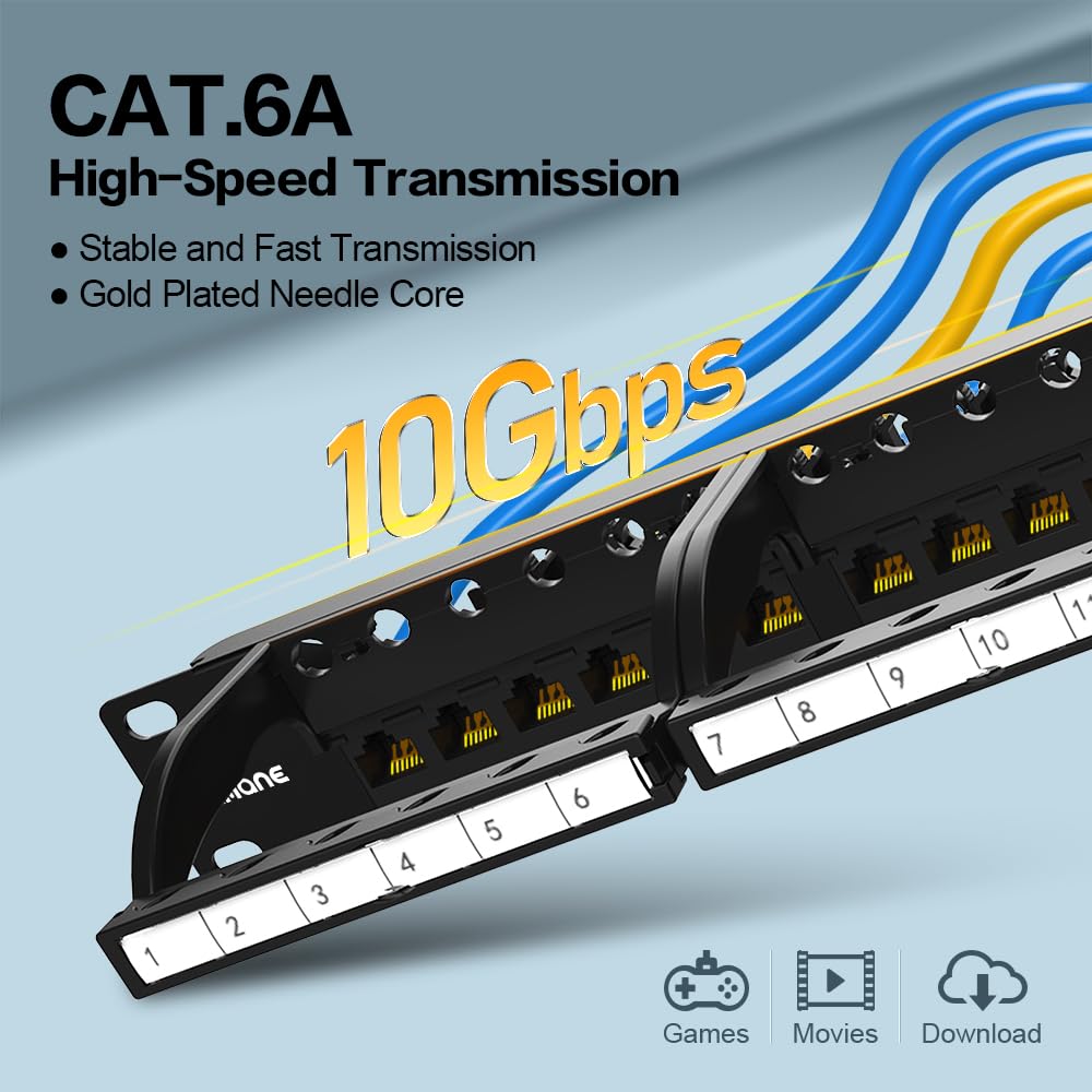 Panneau de brassage Keystone 24 ports CAT6a 1U 48,3 cm monté en rack RJ45 réseau perforé compatible avec câble Cat5e et Cat6