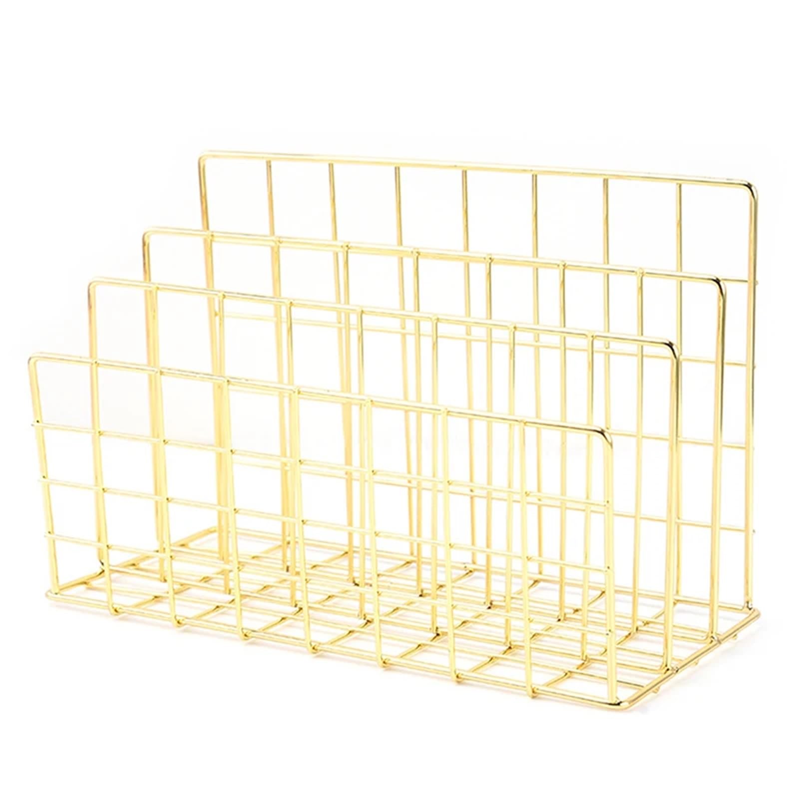 LOVSSU Newspaper Rack Stationery Organizer Notebook Stand Rack 3-Layer Metal Iron Mesh Holder For Magazine Document File Book Office(L Gold)