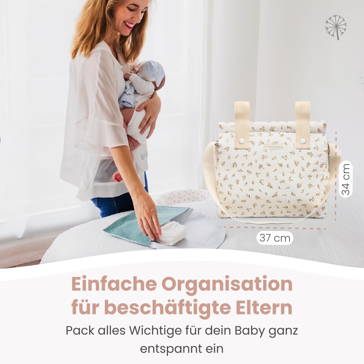 MIMUSELINA | Baby Wickeltasche Kinderwagen | Große Wickeltasche mit viel Stauraum und vielen Fächern | Elegante und praktische Babytasche mit Schulterriemen für Mama und Baby