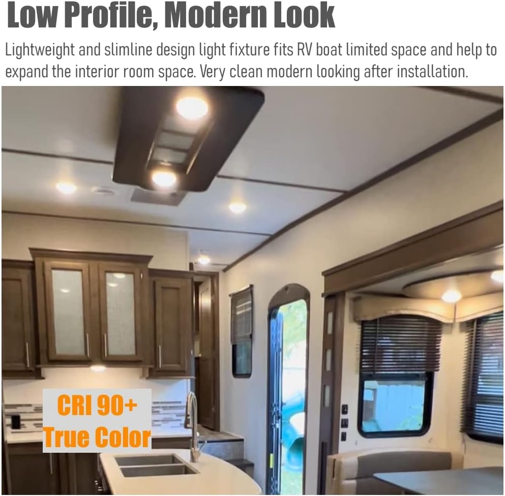 Obeaming RV Interior Ceiling Dome Light 4.5 Inch 12V Dimmable Puck Light for Motorhome Trailer Fifth Wheel Truck Coach Enclosed Trailer, Press Dimmer Switch & Blue Nightlight(4 Pack 3000K) : Automotive